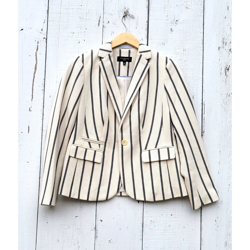 Talbots Women's Ivory Black Striped One Button Collared Blazer Sz 4 Petite - Picture 1 of 4
